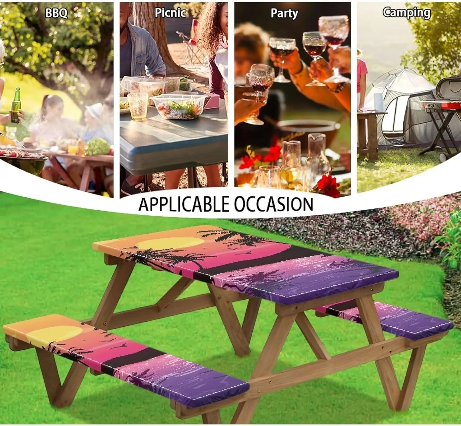 Flashideas Sunset Picnic Table Cover with Bench Covers Camping Essentials Fitted Tablecloth with Elastic Fitted Tablecloth for Tables for Outdoor,Picnic,Camping