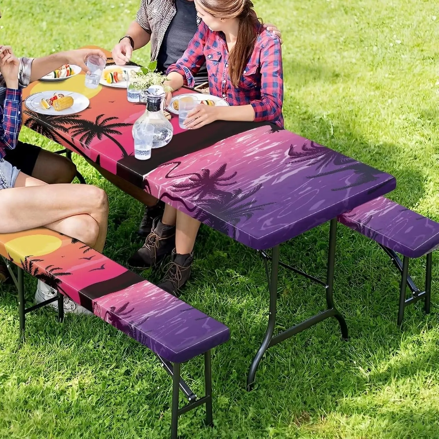 Flashideas Sunset Picnic Table Cover with Bench Covers Camping Essentials Fitted Tablecloth with Elastic Fitted Tablecloth for Tables for Outdoor,Picnic,Camping