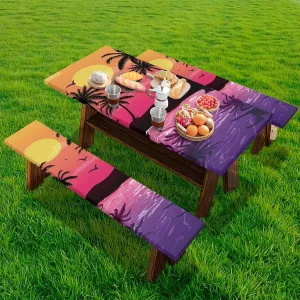 Flashideas Sunset Picnic Table Cover with Bench Covers Camping Essentials Fitted Tablecloth with Elastic Fitted Tablecloth for Tables for Outdoor,Picnic,Camping