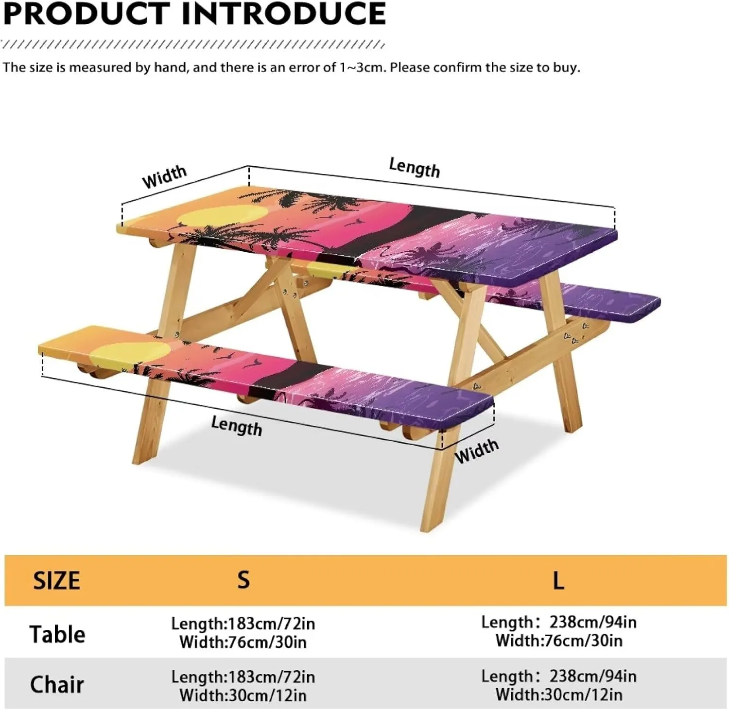 Flashideas Sunset Picnic Table Cover with Bench Covers Camping Essentials Fitted Tablecloth with Elastic Fitted Tablecloth for Tables for Outdoor,Picnic,Camping