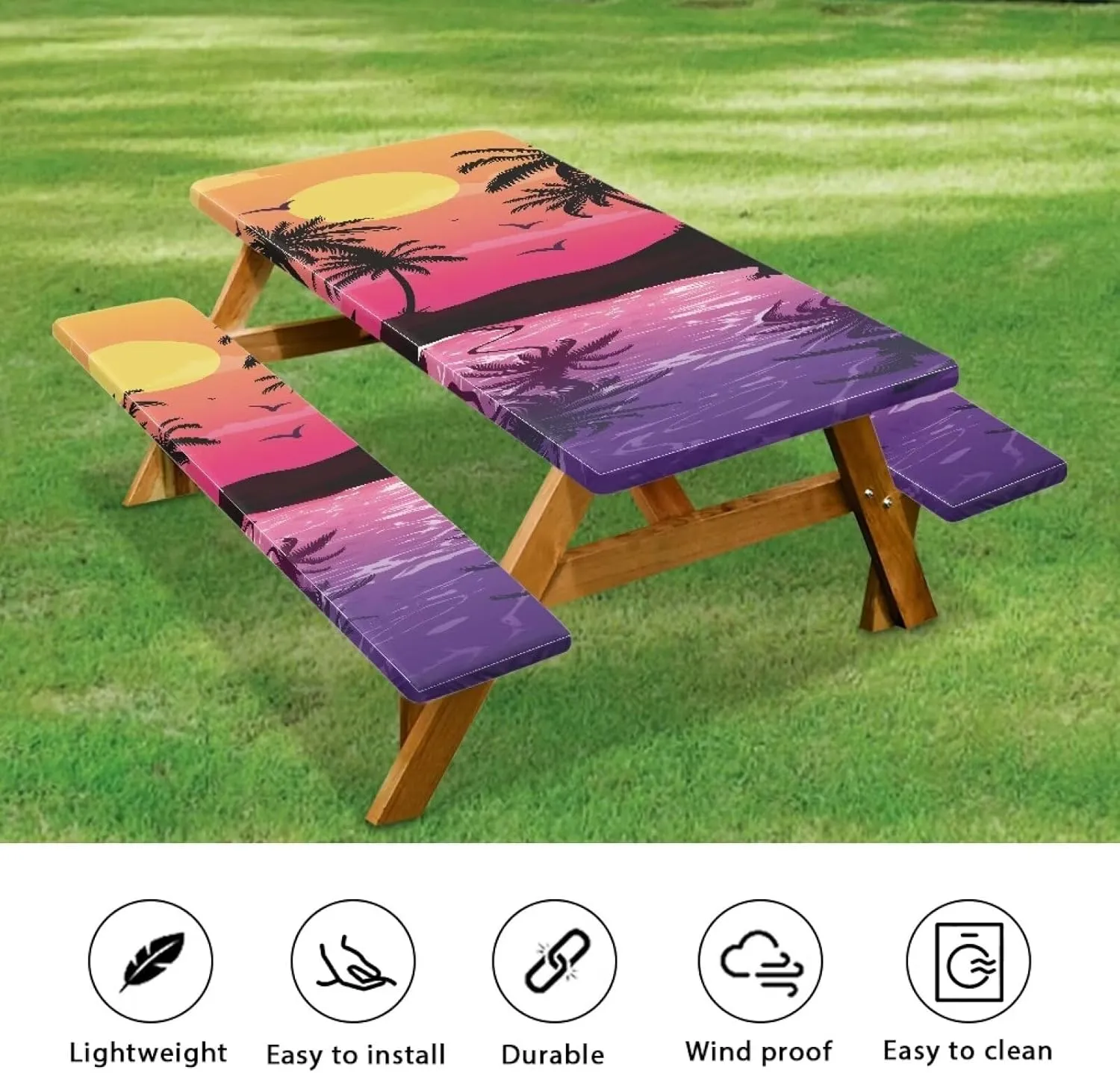 Flashideas Sunset Picnic Table Cover with Bench Covers Camping Essentials Fitted Tablecloth with Elastic Fitted Tablecloth for Tables for Outdoor,Picnic,Camping