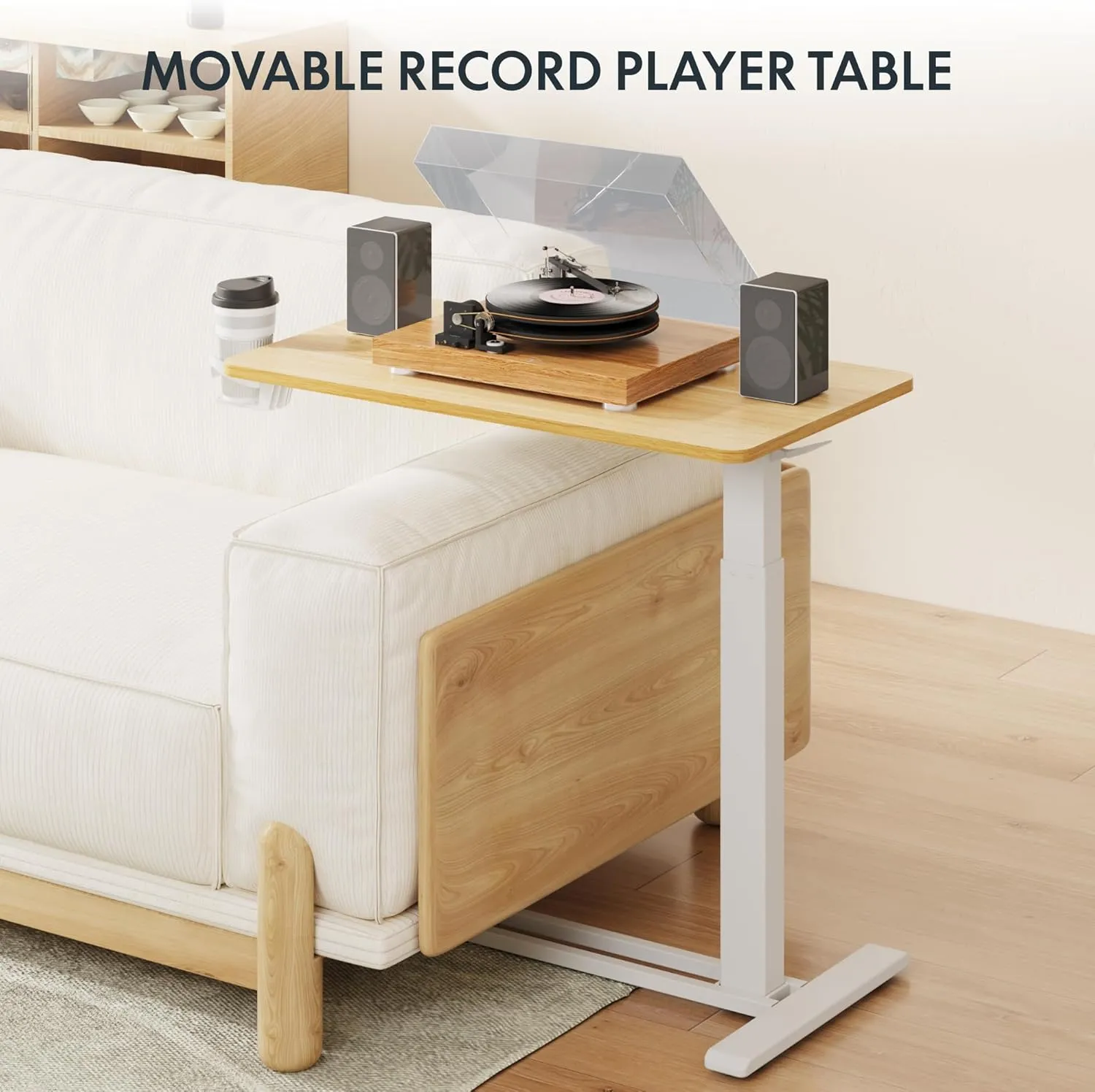 FLEXISPOT Adjustable C Table with Wheels, Mobile Snack Side End Table Sofa Couch Bedside Table Laptop Rolling Cart TV Tray Night Stand Small Space Side Table,(27.6" W x 15.7" D,Maple)