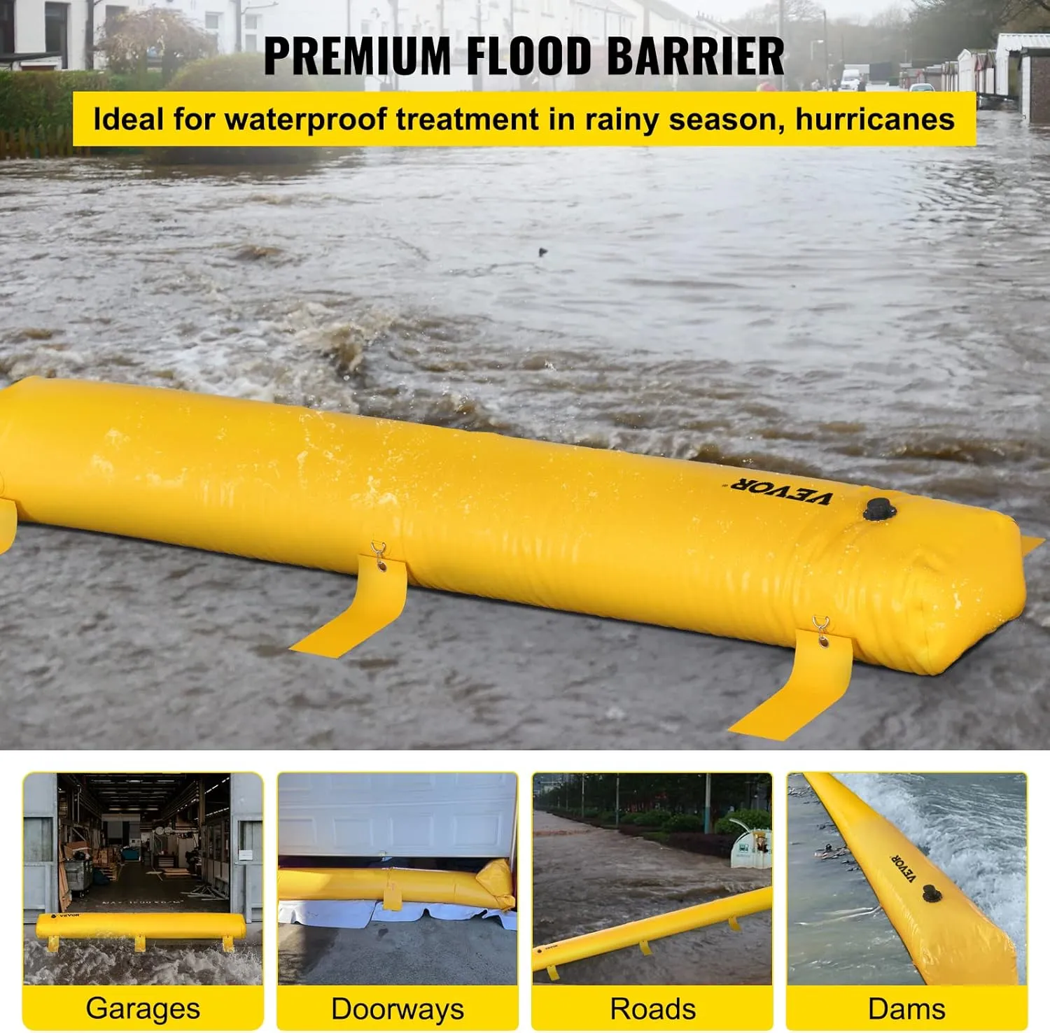 Flood Barrier for Home, 24 ft Length x 12 in Height Sandbag Alternative, Water Barrier for Flooding, Reusable PVC Water Diversion Tube