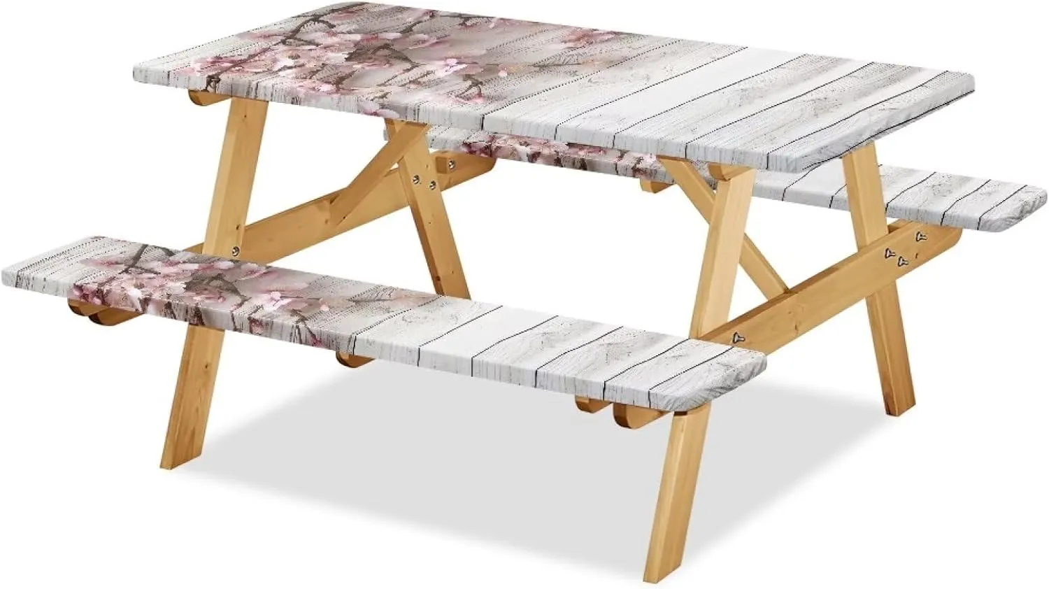 Floral Picnic Table Cover with Bench Covers Waterproof Camping Rectangle Tablecloth Wood Print Picnic Table Fits Tables 94in 8Ft Camping Supplies 3Pcs Set