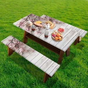 Floral Picnic Table Cover with Bench Covers Waterproof Camping Rectangle Tablecloth Wood Print Picnic Table Fits Tables 94in 8Ft Camping Supplies 3Pcs Set