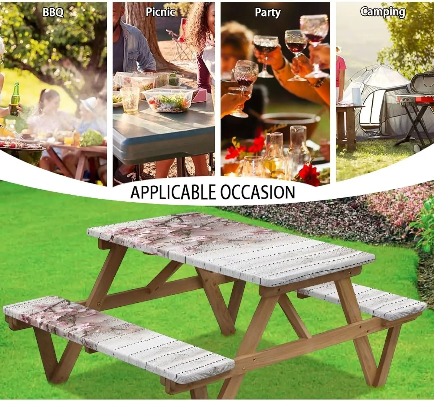 Floral Picnic Table Cover with Bench Covers Waterproof Camping Rectangle Tablecloth Wood Print Picnic Table Fits Tables 94in 8Ft Camping Supplies 3Pcs Set
