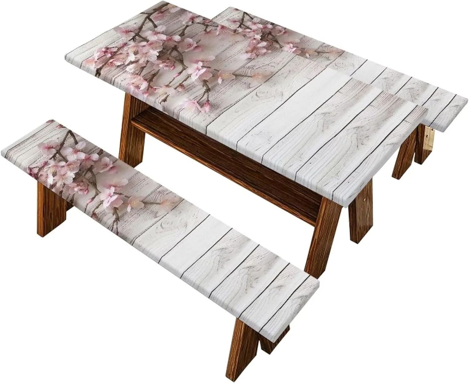 Floral Picnic Table Cover with Bench Covers Waterproof Camping Rectangle Tablecloth Wood Print Picnic Table Fits Tables 94in 8Ft Camping Supplies 3Pcs Set