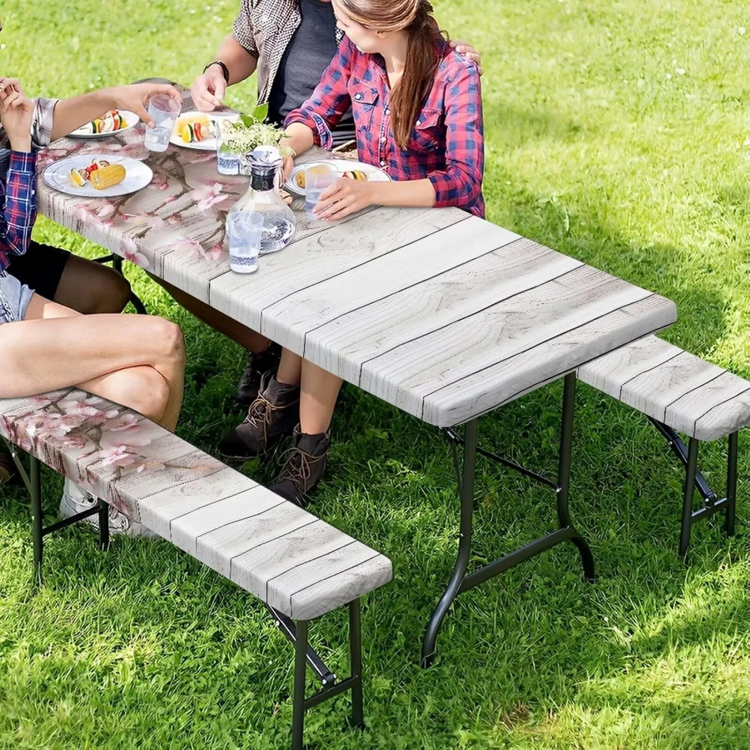 Floral Picnic Table Cover with Bench Covers Waterproof Camping Rectangle Tablecloth Wood Print Picnic Table Fits Tables 94in 8Ft Camping Supplies 3Pcs Set
