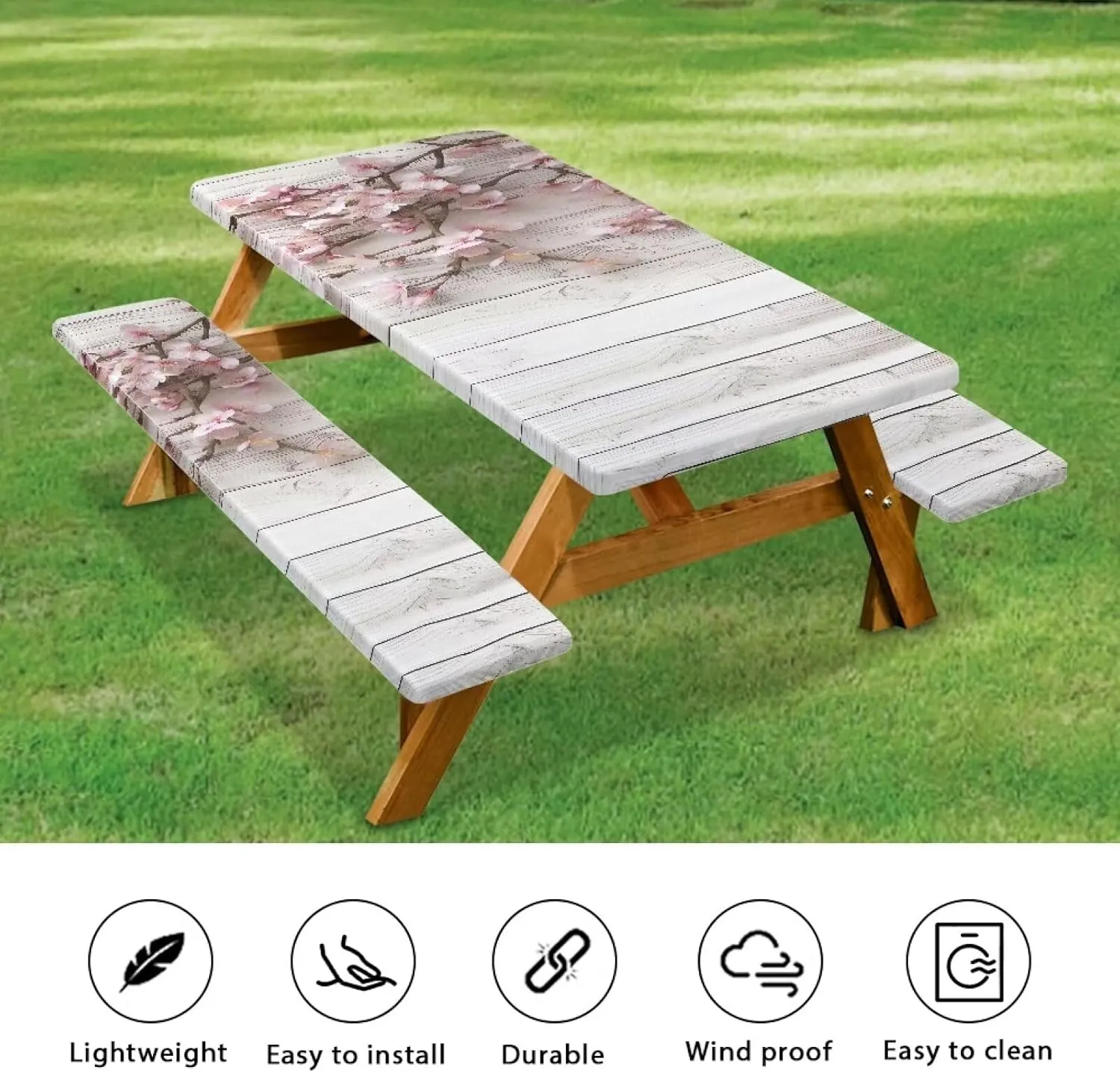 Floral Picnic Table Cover with Bench Covers Waterproof Camping Rectangle Tablecloth Wood Print Picnic Table Fits Tables 94in 8Ft Camping Supplies 3Pcs Set