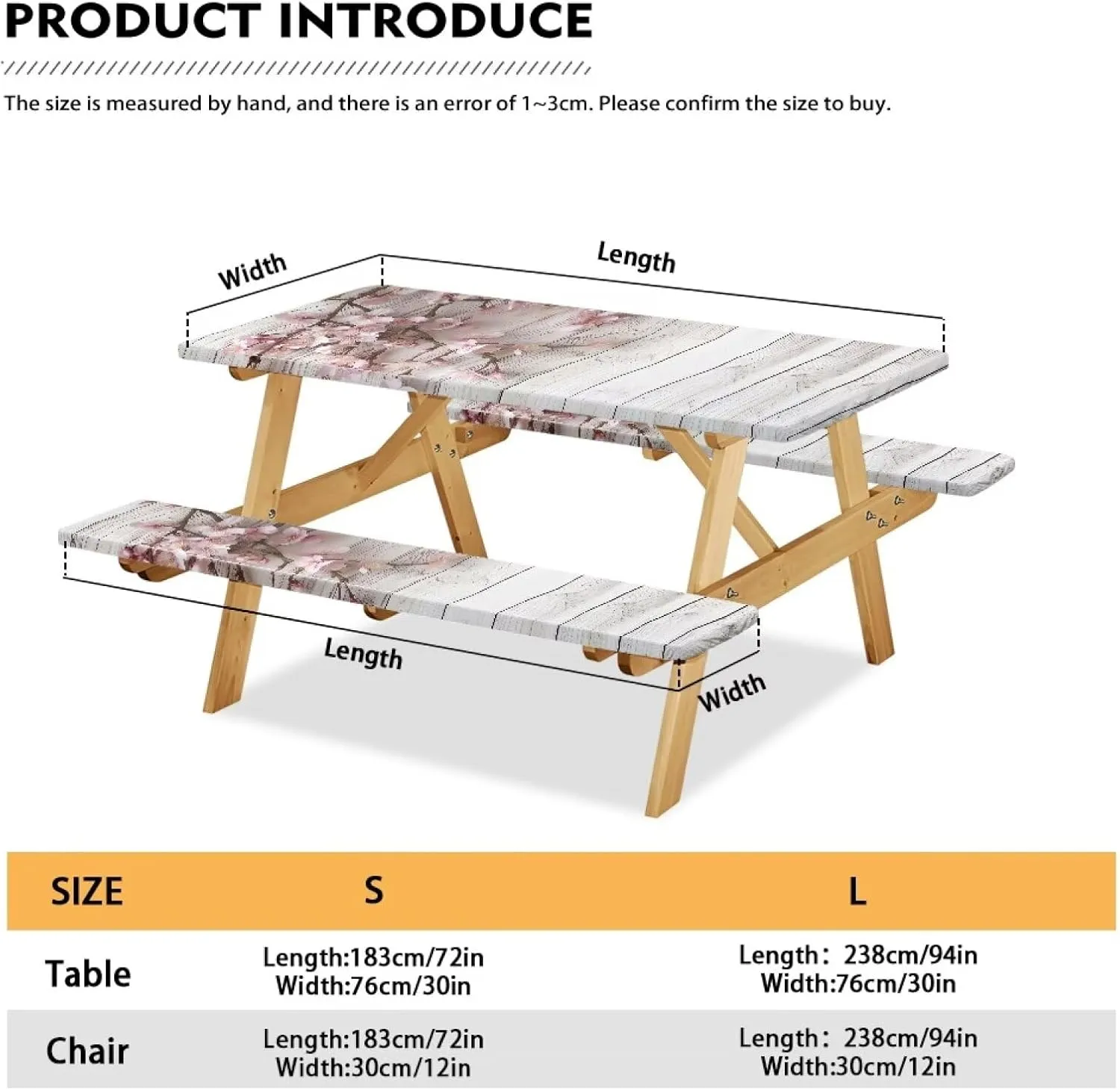 Floral Picnic Table Cover with Bench Covers Waterproof Camping Rectangle Tablecloth Wood Print Picnic Table Fits Tables 94in 8Ft Camping Supplies 3Pcs Set