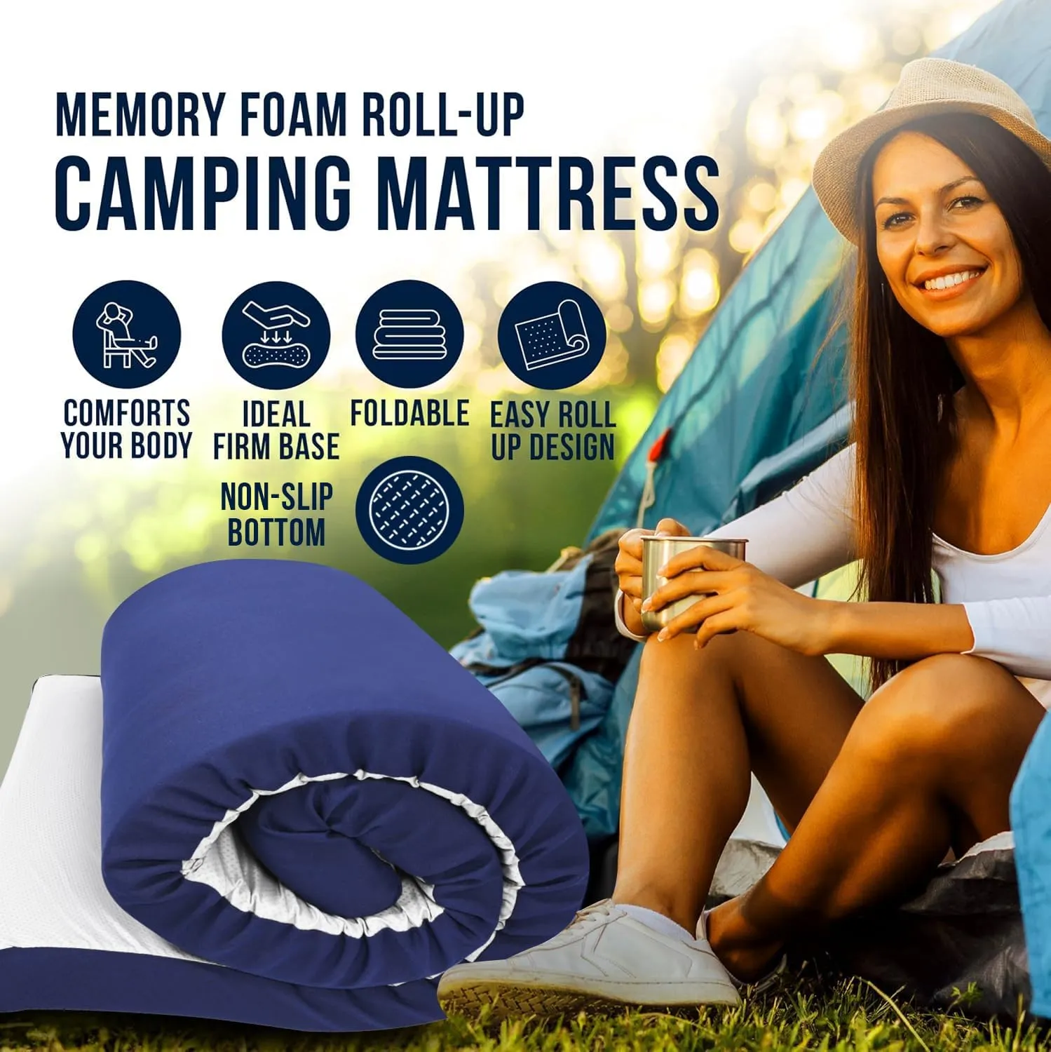 Foamma 3" x 26" x 72" Memory Foam Roll-Up Camping Mattress with Water Resistant Zipper Cover, Foldable and Portable for Camping, RV Bunk, Tent, Guest Bed, Outdoor and Dorm, CertiPUR-US Certified Foam