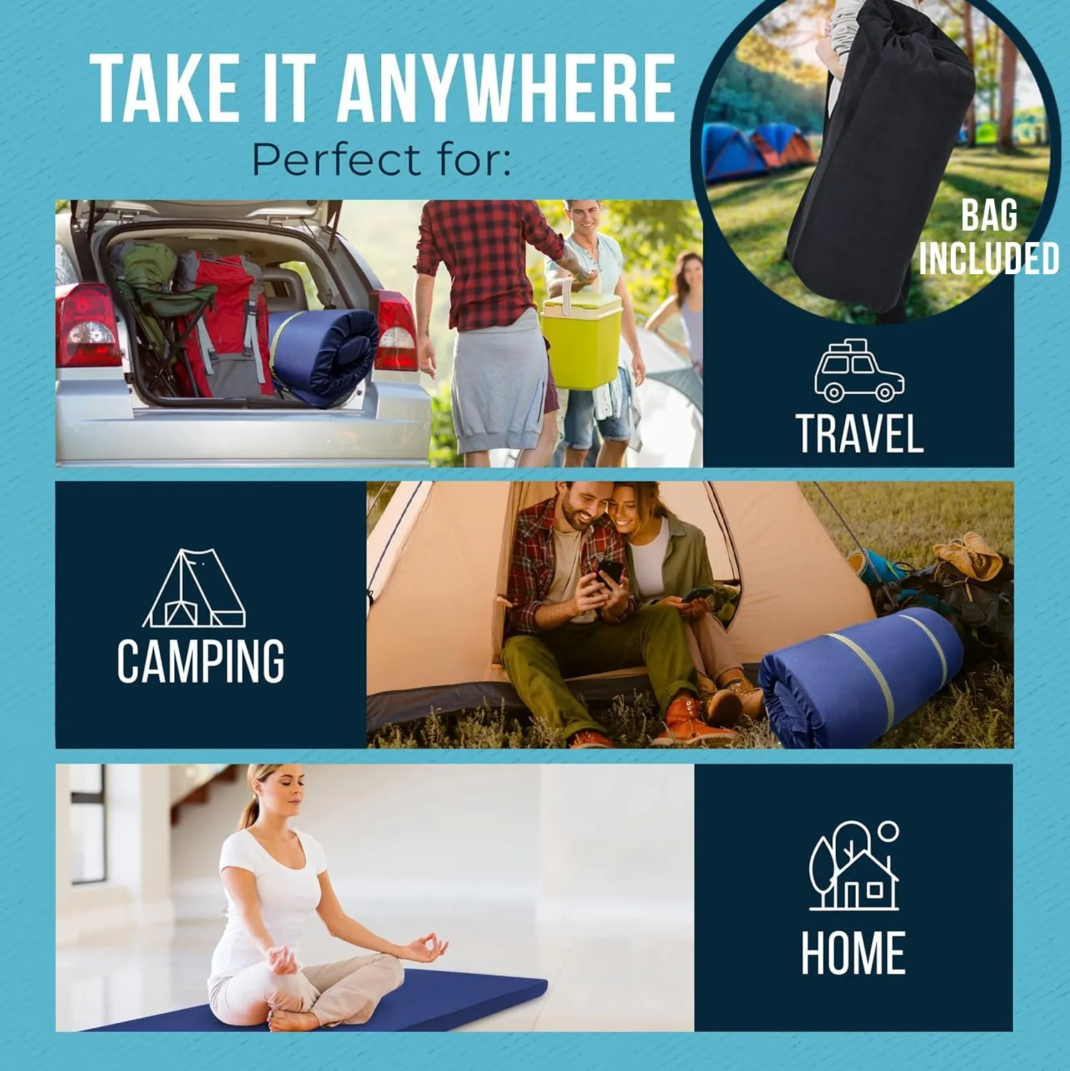 Foamma 3" x 26" x 72" Memory Foam Roll-Up Camping Mattress with Water Resistant Zipper Cover, Foldable and Portable for Camping, RV Bunk, Tent, Guest Bed, Outdoor and Dorm, CertiPUR-US Certified Foam