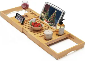 Foldable Bamboo Bathtub Caddy Tray Expandable for Luxury Bath, Bath Accessories & Table with Wine Glass Holder, Book Stand Bathroom Organizer with Extending Sides for Men/Women