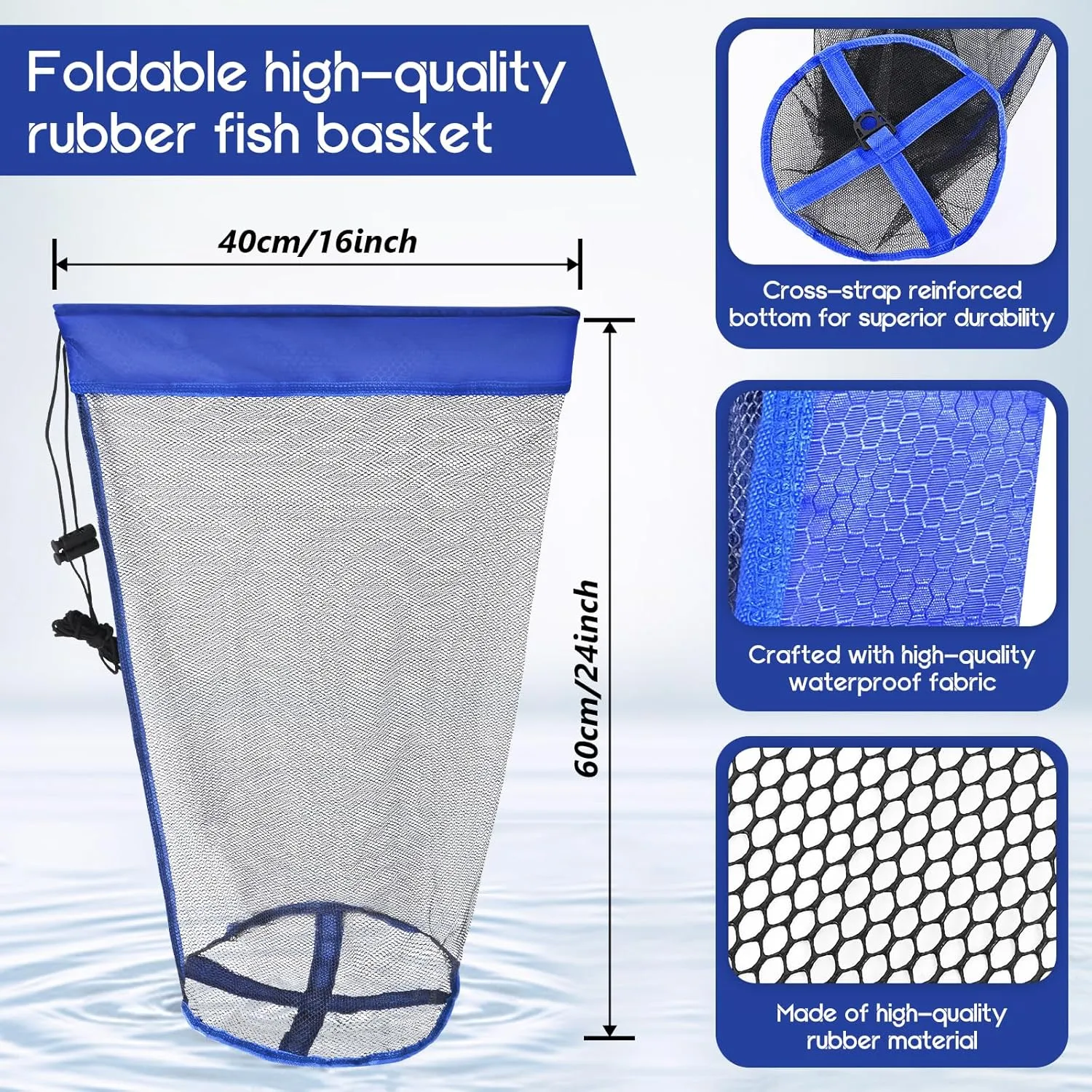 Foldable Bridge and Pier Fishing Net, Drop Net for Pier Fishing, Pier Net for Fishing Saltwater Freshwater, Multi-Purpose Foldable Rubber Fish Basket with 32FT Rope