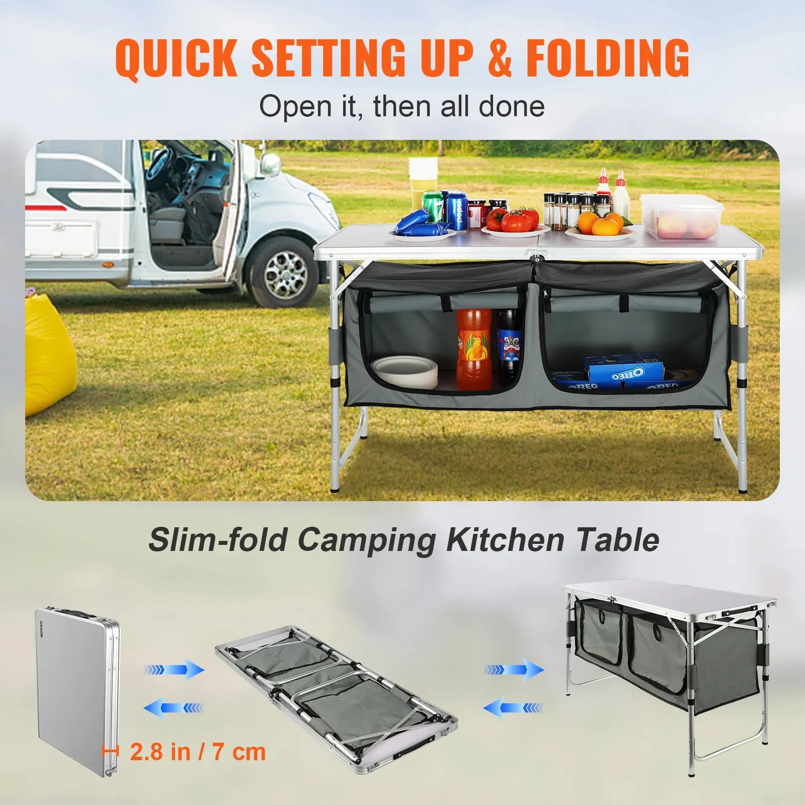 Foldable Camping Kitchen Table – Adjustable Height, Portable Cook Station with Storage for Outdoor BBQ, Picnics & RV Trips
