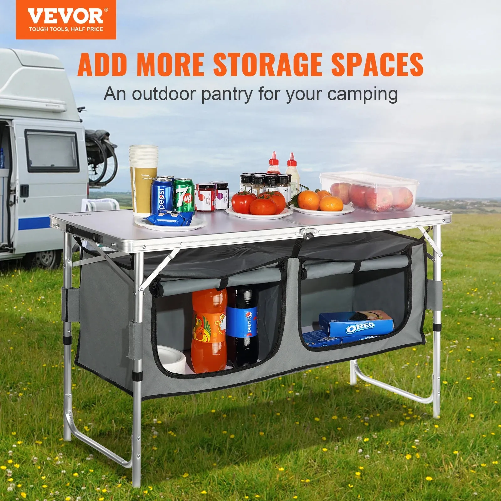 Foldable Camping Kitchen Table – Adjustable Height, Portable Cook Station with Storage for Outdoor BBQ, Picnics & RV Trips