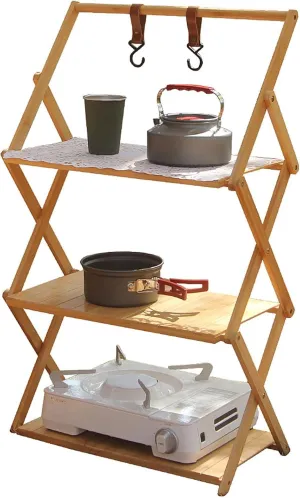 Foldable Camping Shelves Multi Tier Rack Folding Wooden Shelf Wear Resistant Outdoor Table for Camp Picnic Beach Grill Cooking Bamboo Shelf Folding Shoe Flower