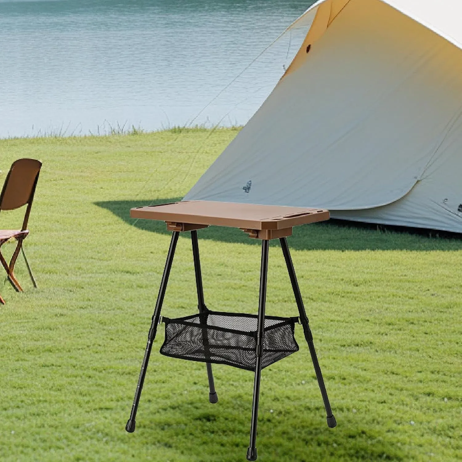 Foldable Camping Table Desk Furniture Portable with Adjustable Legs with Mesh Pocket for Garden BBQ Kitchen Yard Tailgating, Khaki
