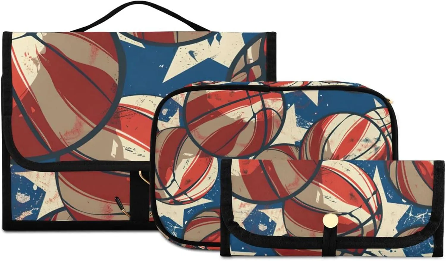 Foldable Hanging Travel Toiletry Organizer Set 3-Piece with Cosmetic Bag & Brush Holder - Basketball (6)
