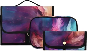 Foldable Hanging Travel Toiletry Organizer Set 3-Piece with Cosmetic Bag & Brush Holder - Feather (2)