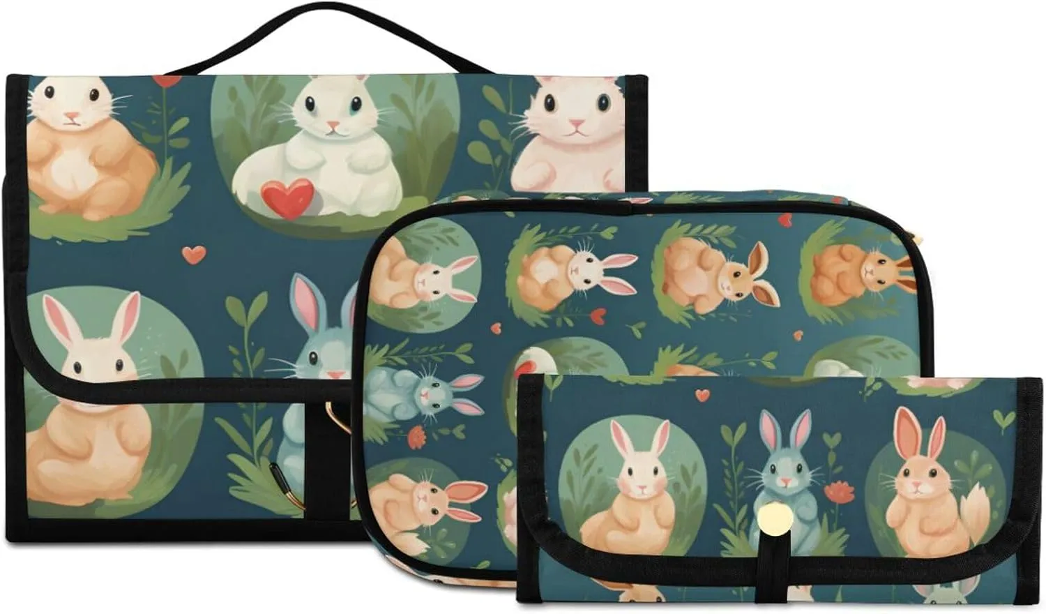 Foldable Hanging Travel Toiletry Organizer Set 3-Piece with Cosmetic Bag & Brush Holder - Heart Rabbit