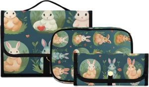 Foldable Hanging Travel Toiletry Organizer Set 3-Piece with Cosmetic Bag & Brush Holder - Heart Rabbit