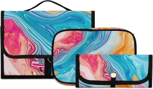 Foldable Hanging Travel Toiletry Organizer Set 3-Piece with Cosmetic Bag & Brush Holder - Marble (14)