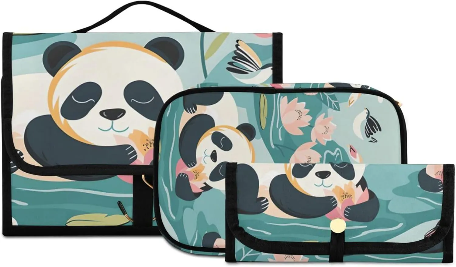 Foldable Hanging Travel Toiletry Organizer Set 3-Piece with Cosmetic Bag & Brush Holder - Panda (3)