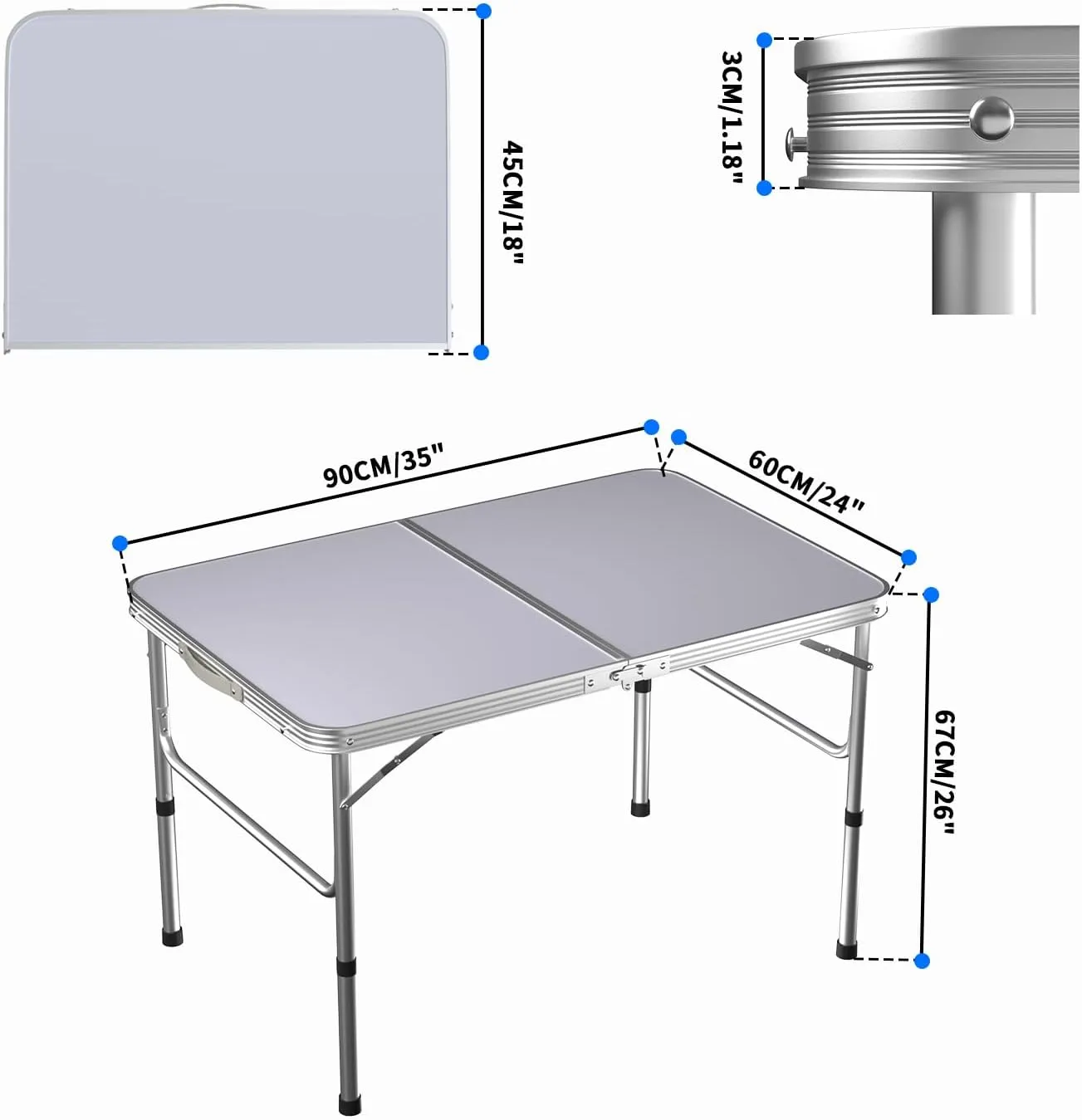 Foldable Picnic Tables 3FT/ 90CM with Carry Handle White Fold Away Table Heavy Duty Folding Table Compact for Camping Party Gardening Dining Trestle Patio