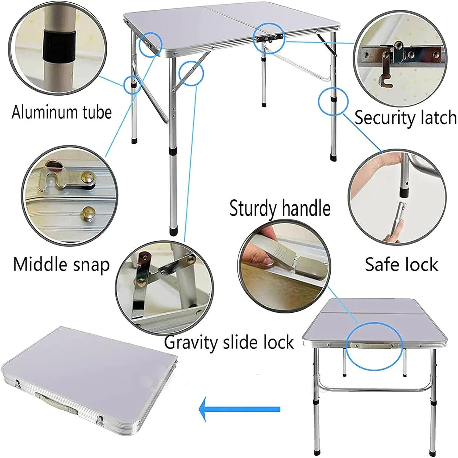 Foldable Picnic Tables 3FT/ 90CM with Carry Handle White Fold Away Table Heavy Duty Folding Table Compact for Camping Party Gardening Dining Trestle Patio