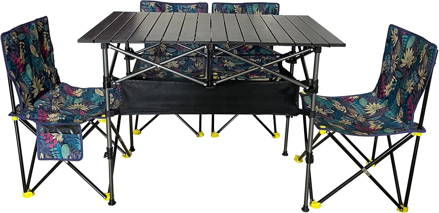 Foldable Portable Camping Table with 4 Folding Camping Chairs, Storage Net, Carrying Bag/Aluminum Beach Table for Sand, Picnic Table - 37in Length， 20in-28in Adjustable Height