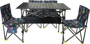 Foldable Portable Camping Table with 4 Folding Camping Chairs, Storage Net, Carrying Bag/Aluminum Beach Table for Sand, Picnic Table - 37in Length， 20in-28in Adjustable Height