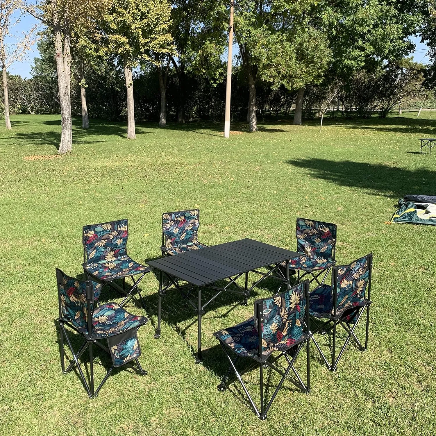 Foldable Portable Camping Table with 4 Folding Camping Chairs, Storage Net, Carrying Bag/Aluminum Beach Table for Sand, Picnic Table - 37in Length， 20in-28in Adjustable Height