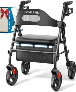 Foldable Rollator Walkers with Seat for Seniors, 8'' Big Wheels, 350 lb. Weight Capacity, Adjustable Handles and Seat Height, Lightweight Rolling Walker, Black