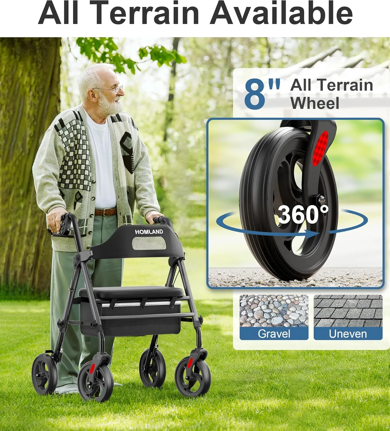 Foldable Rollator Walkers with Seat for Seniors, 8'' Big Wheels, 350 lb. Weight Capacity, Adjustable Handles and Seat Height, Lightweight Rolling Walker, Black