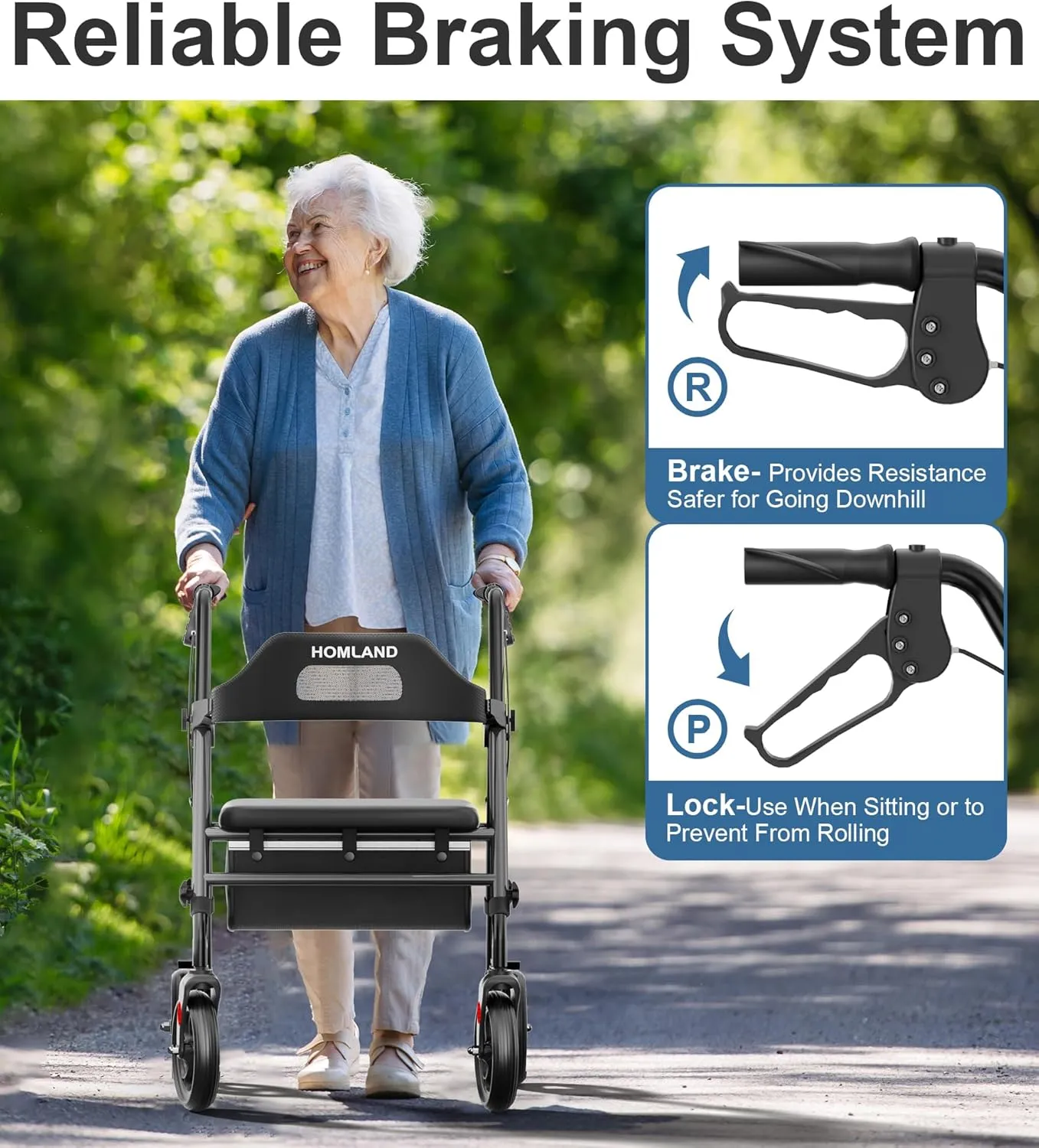 Foldable Rollator Walkers with Seat for Seniors, 8'' Big Wheels, 350 lb. Weight Capacity, Adjustable Handles and Seat Height, Lightweight Rolling Walker, Black