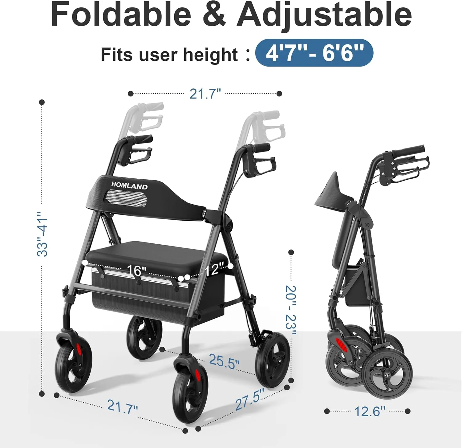 Foldable Rollator Walkers with Seat for Seniors, 8'' Big Wheels, 350 lb. Weight Capacity, Adjustable Handles and Seat Height, Lightweight Rolling Walker, Black
