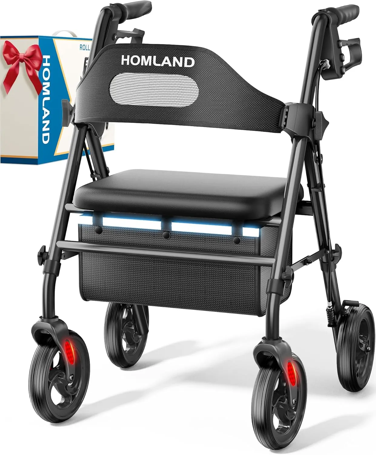 Foldable Rollator Walkers with Seat for Seniors, 8'' Big Wheels, 350 lb. Weight Capacity, Adjustable Handles and Seat Height, Lightweight Rolling Walker, Black