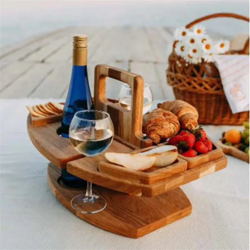 Foldable Wooden Wine Picnic Table – Round Outdoor Snack Tray with Glass Holders for Elegant Al Fresco Dining