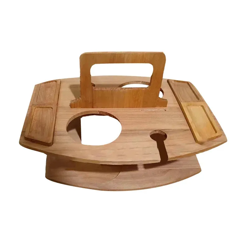 Foldable Wooden Wine Picnic Table – Round Outdoor Snack Tray with Glass Holders for Elegant Al Fresco Dining