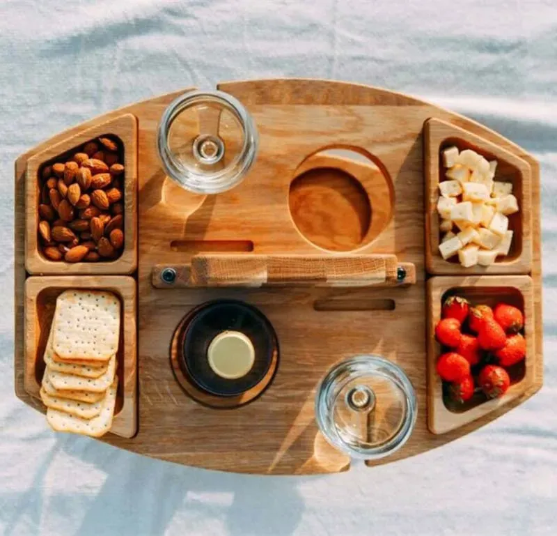 Foldable Wooden Wine Picnic Table – Round Outdoor Snack Tray with Glass Holders for Elegant Al Fresco Dining