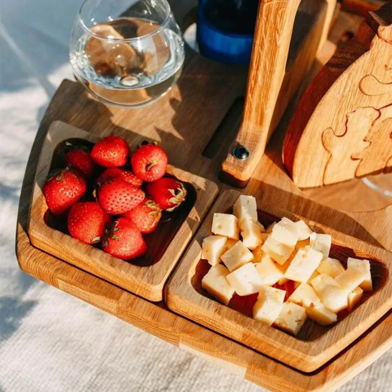 Foldable Wooden Wine Picnic Table – Round Outdoor Snack Tray with Glass Holders for Elegant Al Fresco Dining
