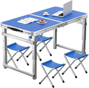 Folding Camp Table and Chairs, Camping Tables Adjustable 3 Heights, Aluminum Table with Crossbar, Camping Essentials for Home Picnic BBQ (Color : Blue 4 Chairs)