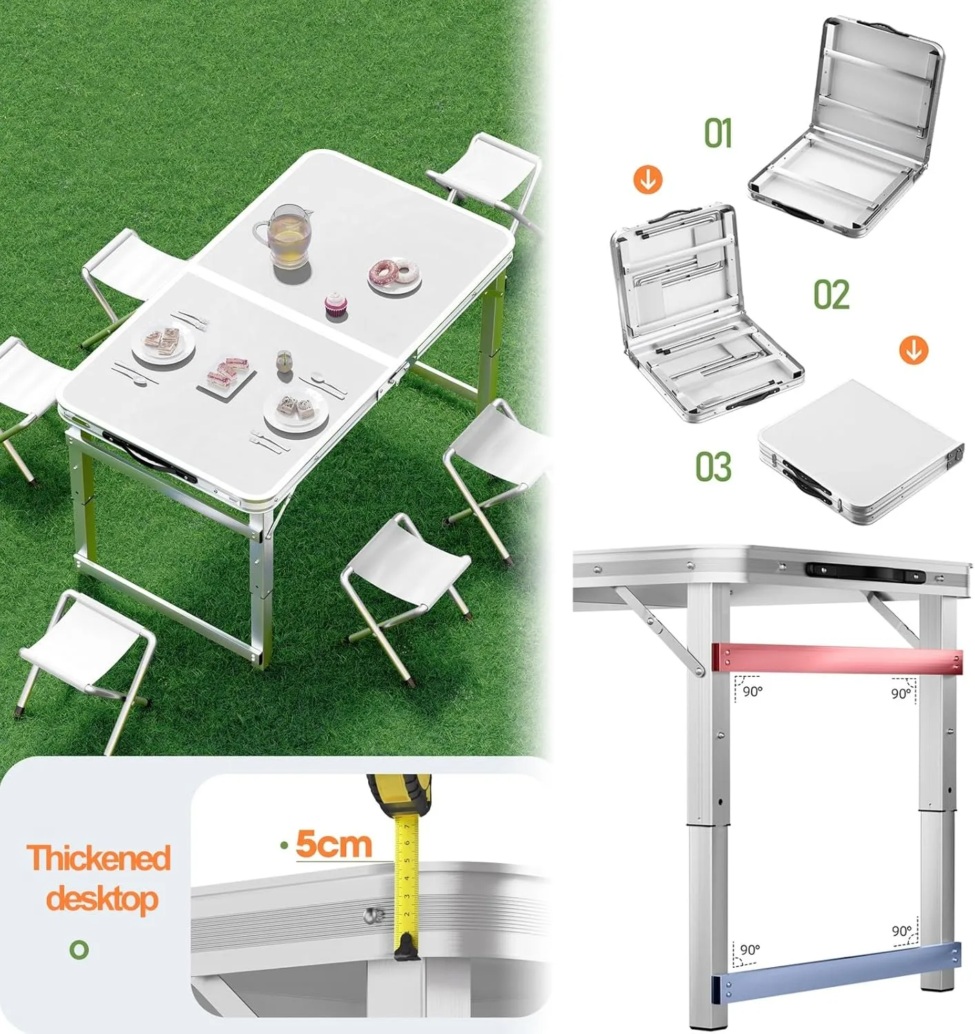 Folding Camp Table and Chairs, Camping Tables Adjustable 3 Heights, Aluminum Table with Crossbar, Camping Essentials for Home Picnic BBQ (Color : Blue 4 Chairs)