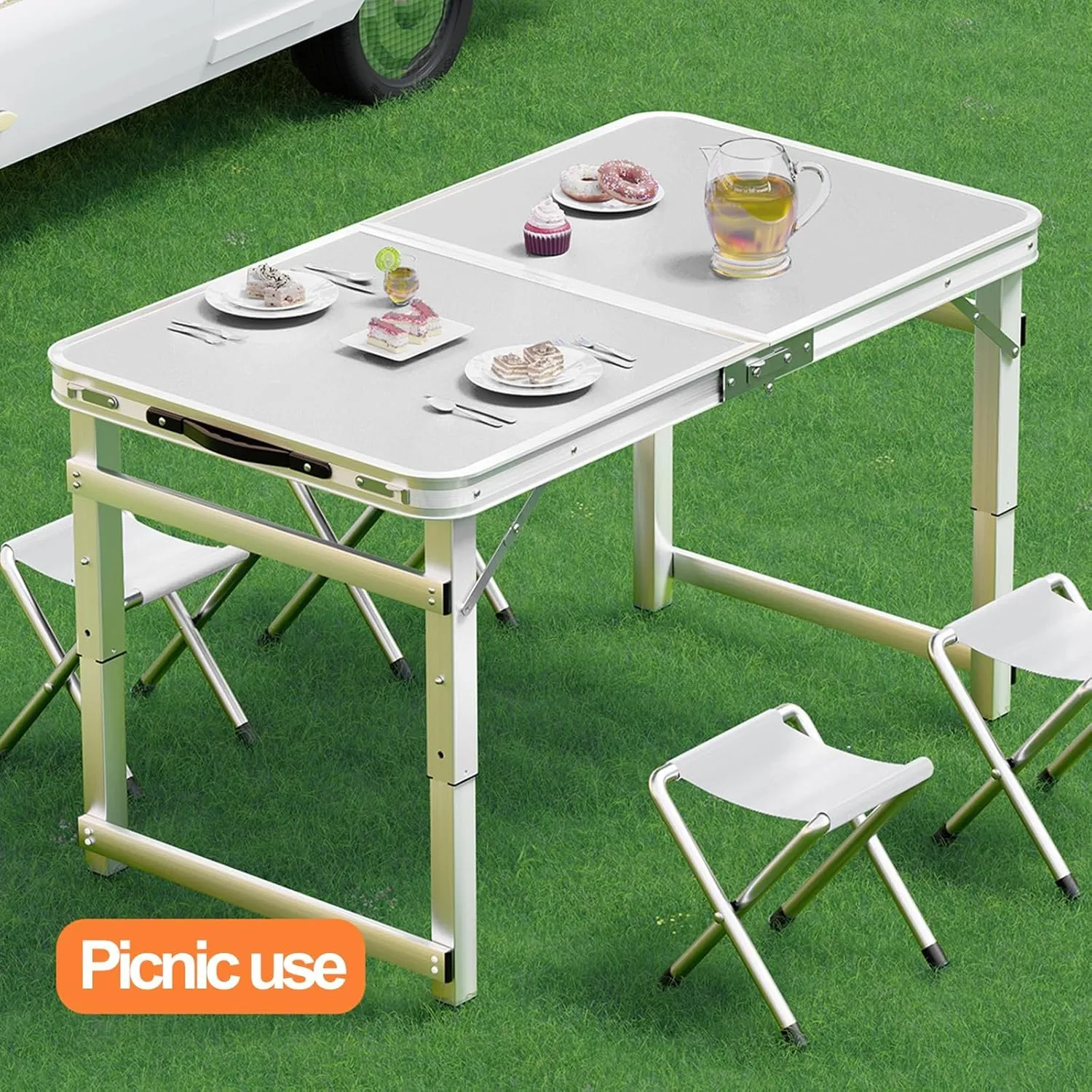 Folding Camp Table and Chairs, Camping Tables Adjustable 3 Heights, Aluminum Table with Crossbar, Camping Essentials for Home Picnic BBQ (Color : Blue 4 Chairs)
