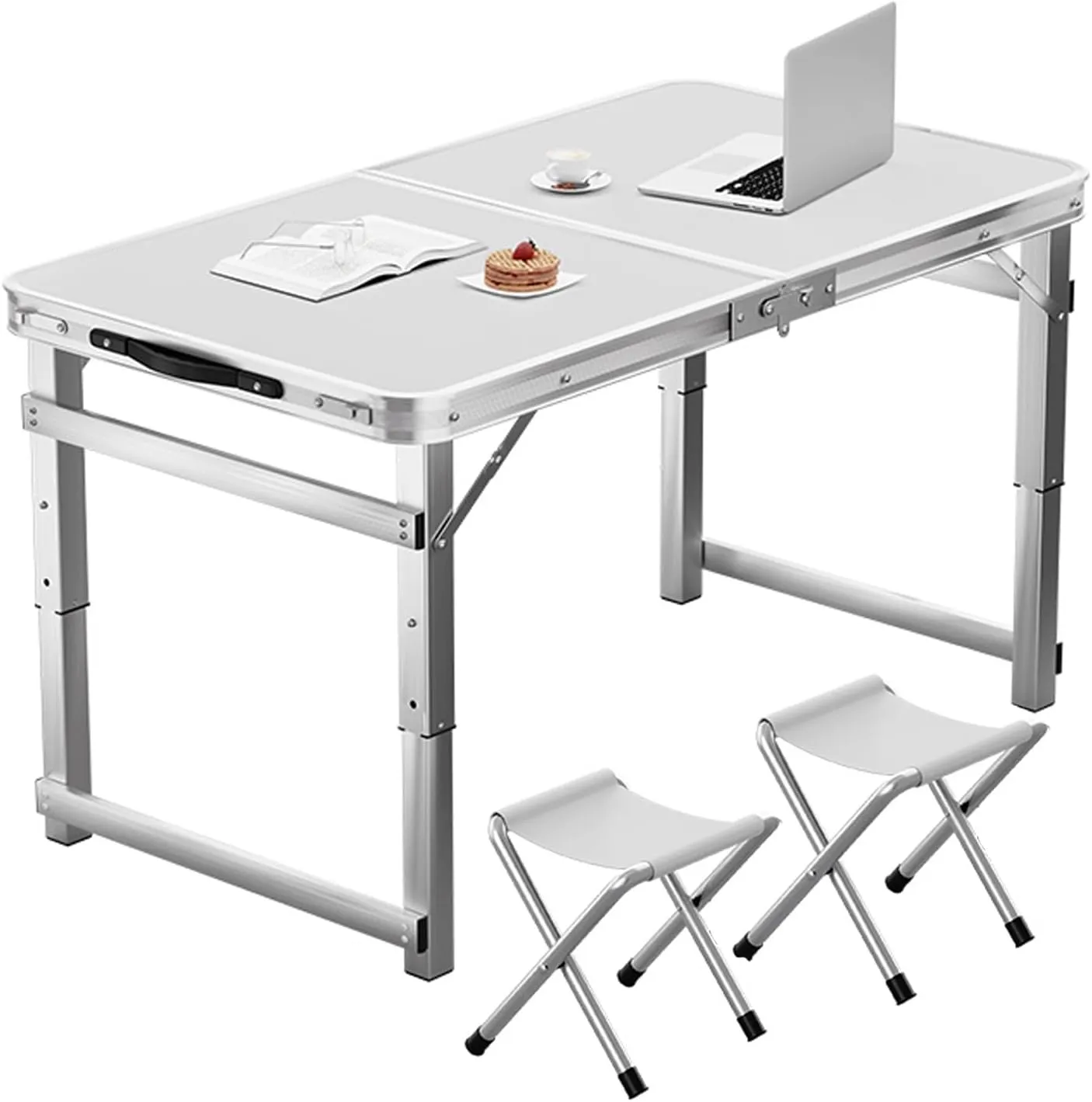 Folding Camp Table and Chairs, Camping Tables Adjustable 3 Heights, Aluminum Table with Crossbar, Camping Essentials for Home Picnic BBQ (Color : White 2 Chairs)