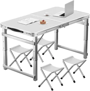 Folding Camp Table and Chairs, Camping Tables Adjustable 3 Heights, Aluminum Table with Crossbar, Camping Essentials for Home Picnic BBQ (Color : White 4 Chairs)