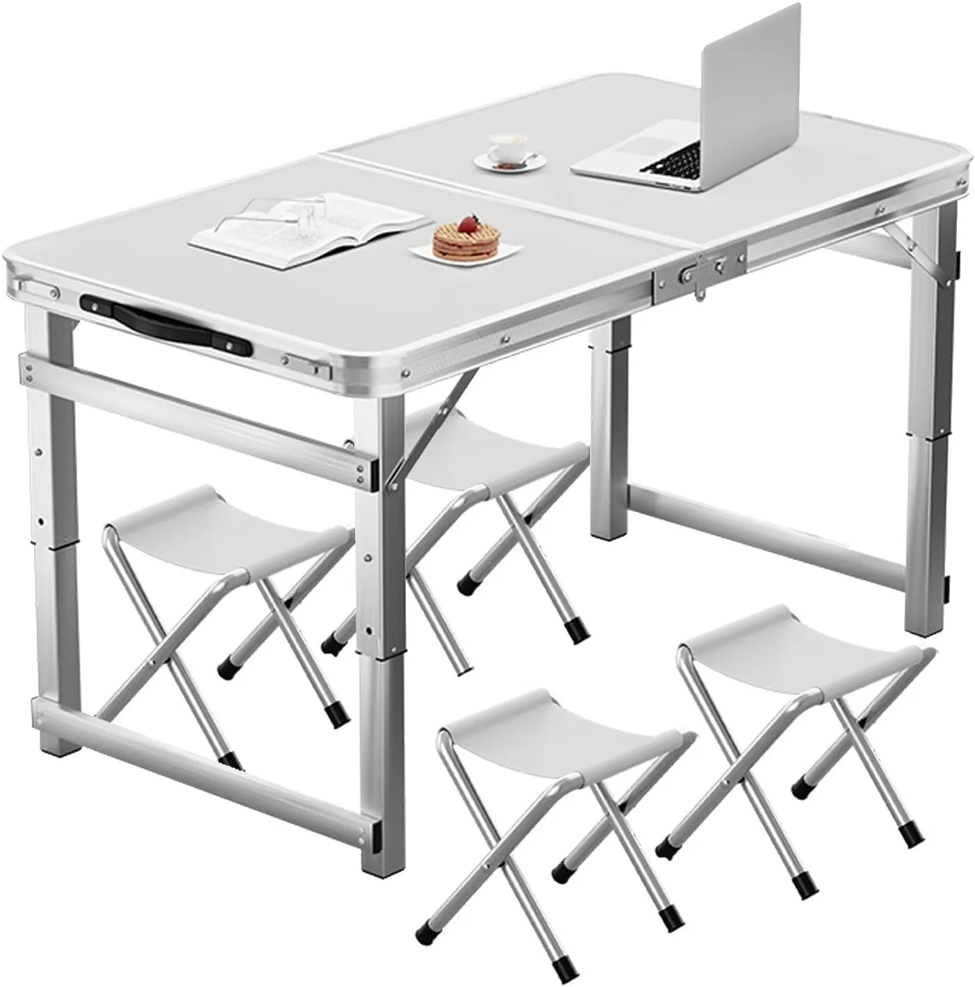 Folding Camp Table and Chairs, Camping Tables Adjustable 3 Heights, Aluminum Table with Crossbar, Camping Essentials for Home Picnic BBQ (Color : White 4 Chairs)