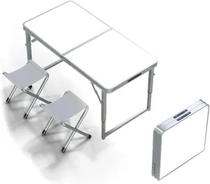 Folding Camp Table and Stool Set of 3/5, Lightweight Aluminum Dining Table with Adjustable Height Legs Portable Foldable airs for Indoor Outdoor Use