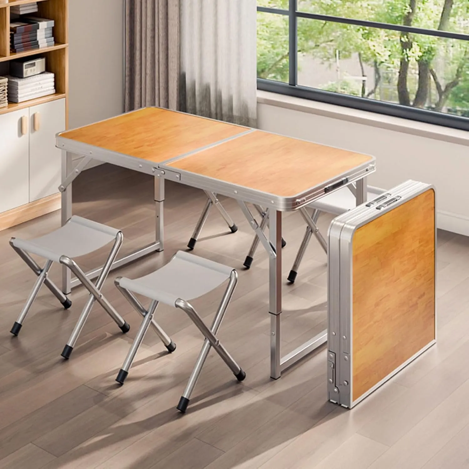 Folding Camp Table and Stool Set of 3/5, Lightweight Aluminum Dining Table with Adjustable Height Legs Portable Foldable airs for Indoor Outdoor Use